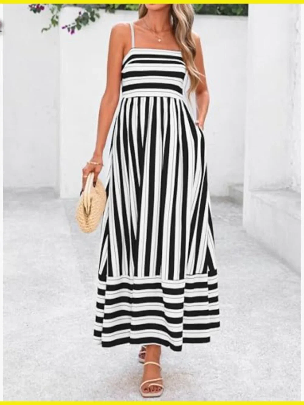 Boho Floral Striped Maxi Dress Spaghetti Strap Square Neck Flowy A-Line